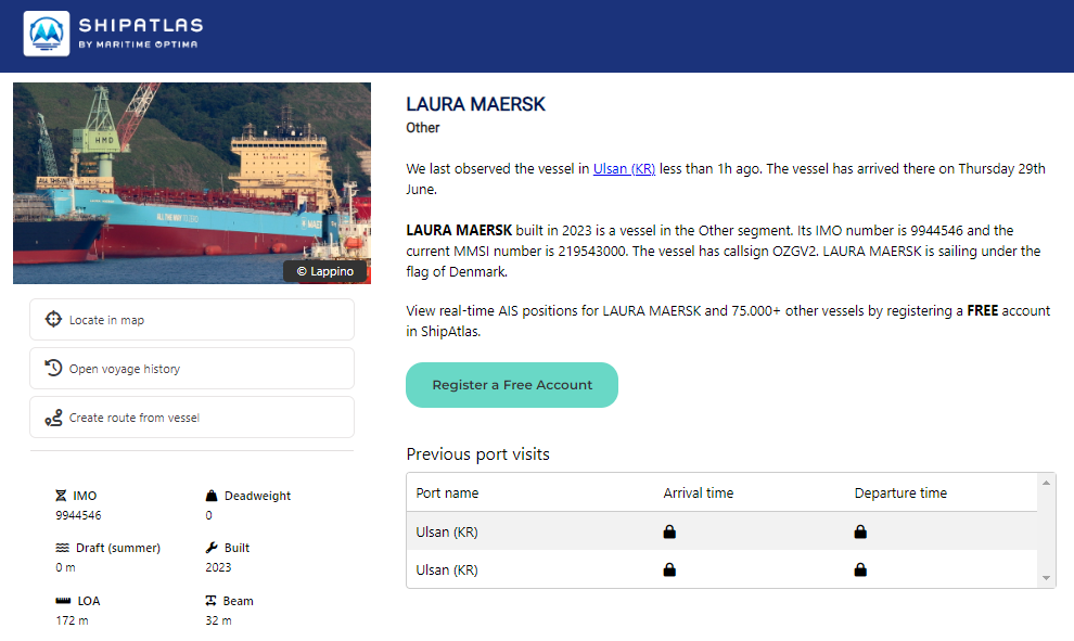 Скриншот Laura Maersk от ShipAtlas