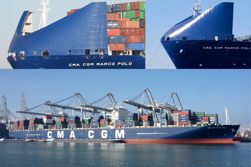 CMA CGM Marco Polo до (внизу) и после установки прототипа ветрового щита